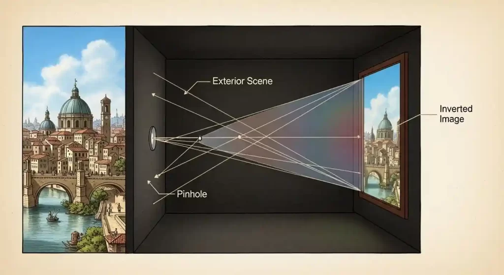 Diagram of a Renaissance camera obscura projecting an inverted cityscape image