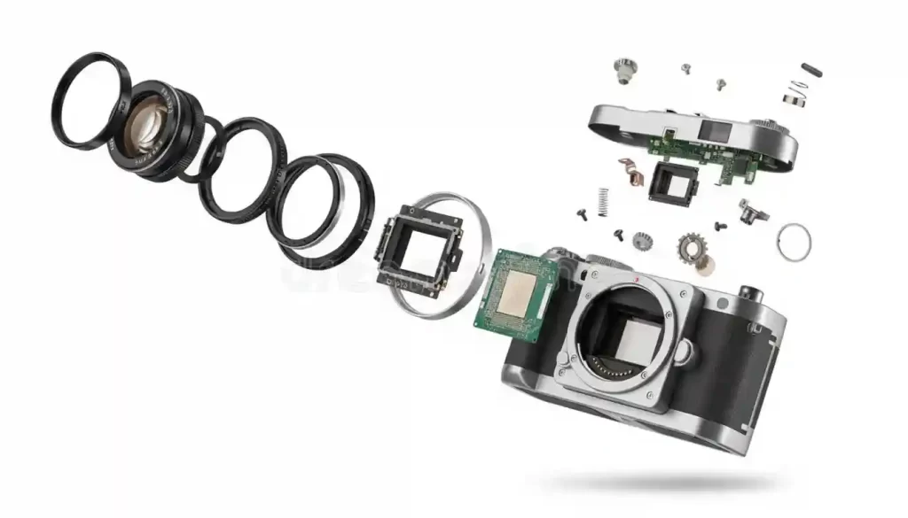 Disassembled modern DSLR camera showcasing internal sensors and components