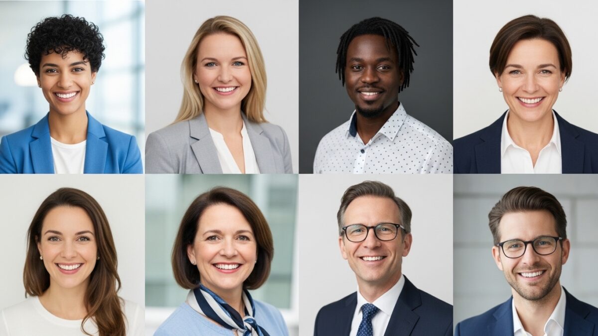 Diverse professional headshot examples showcasing confidence and personality.