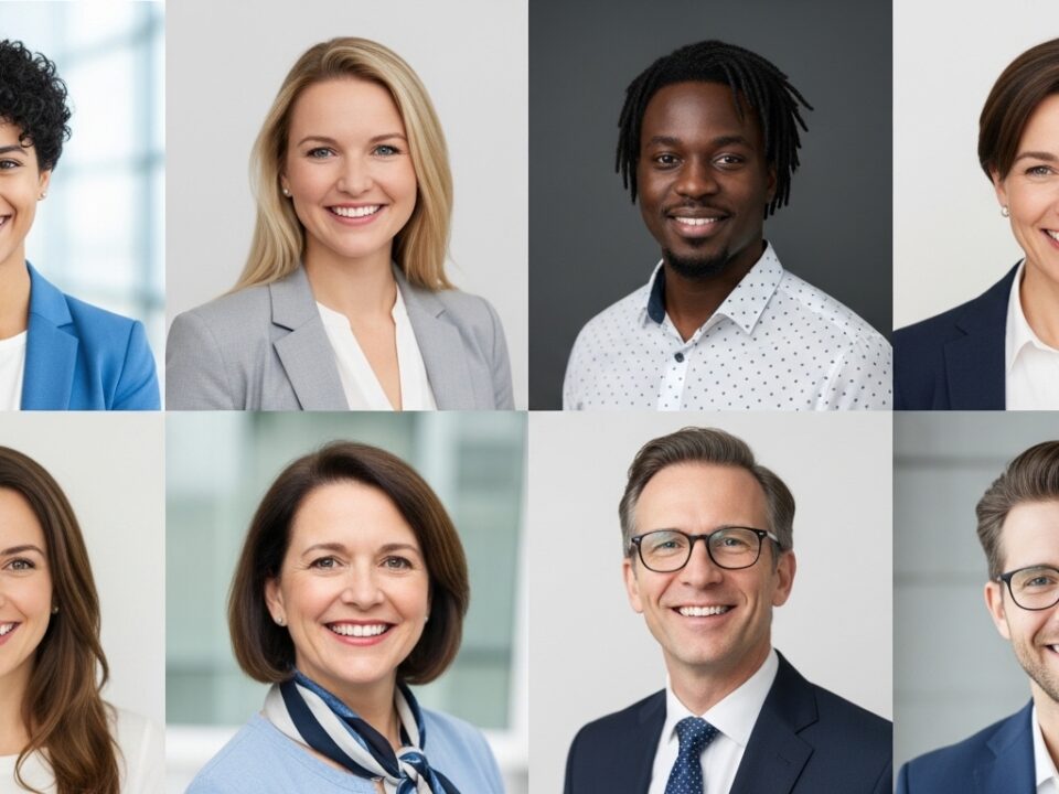 Diverse professional headshot examples showcasing confidence and personality.