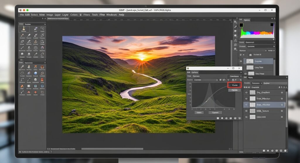 GIMP photo editing interface editing a vibrant landscape image