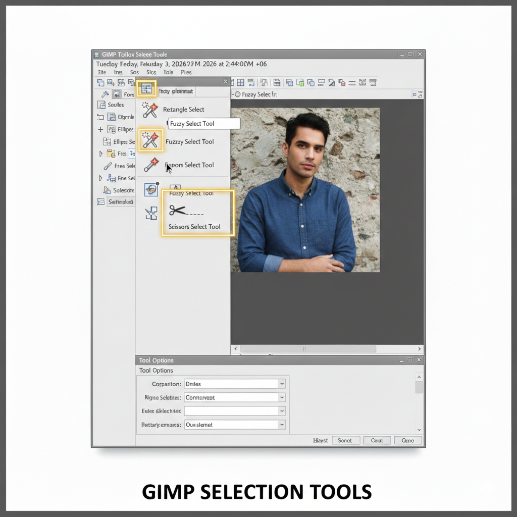 GIMP toolbox highlighting selection tools for background removal tutorial.