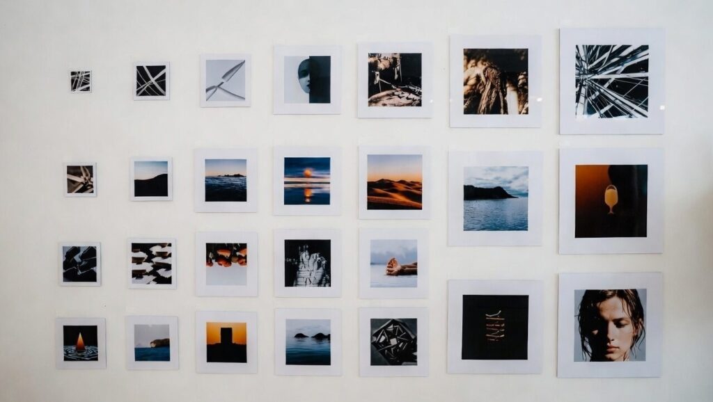 Grid of square photo sizes with example compositions highlighting balanced designs