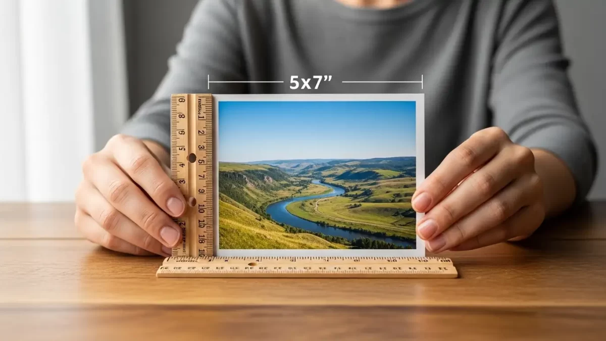 Hands holding a 5x7 photo with ruler for size reference