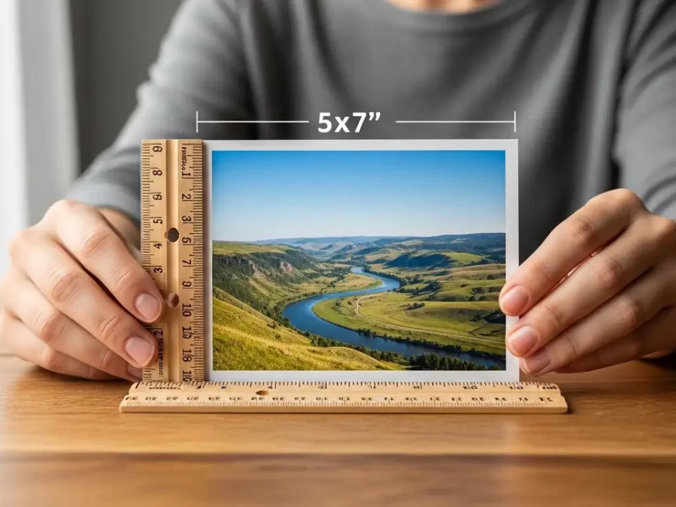 Hands holding a 5x7 photo with ruler for size reference