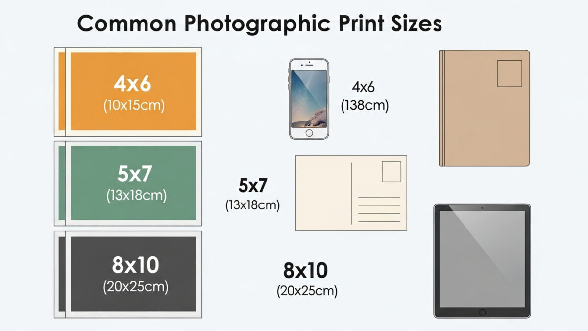 Illustrative chart of standard photo sizes compared to common items for easy reference