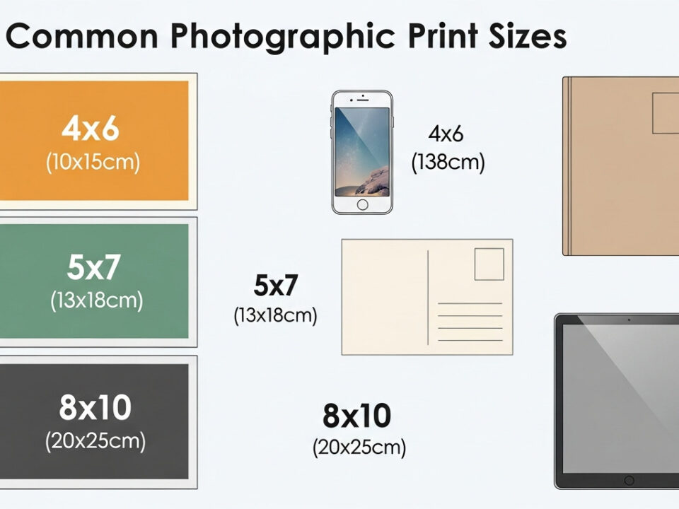 Illustrative chart of standard photo sizes compared to common items for easy reference