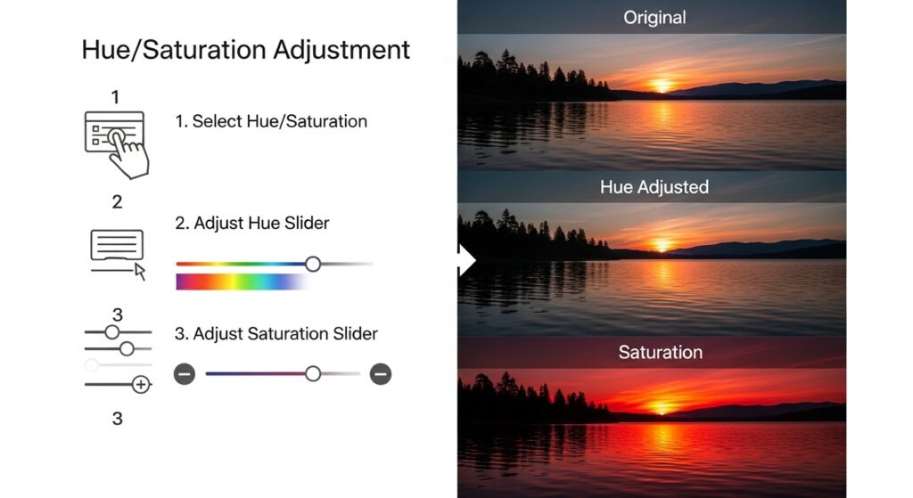 Infographic of HueSaturation steps in Photoshop for color unification.