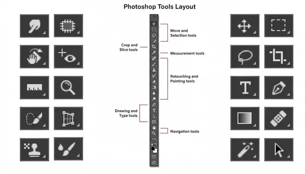 Labeled Photoshop toolbar for quick tool identification