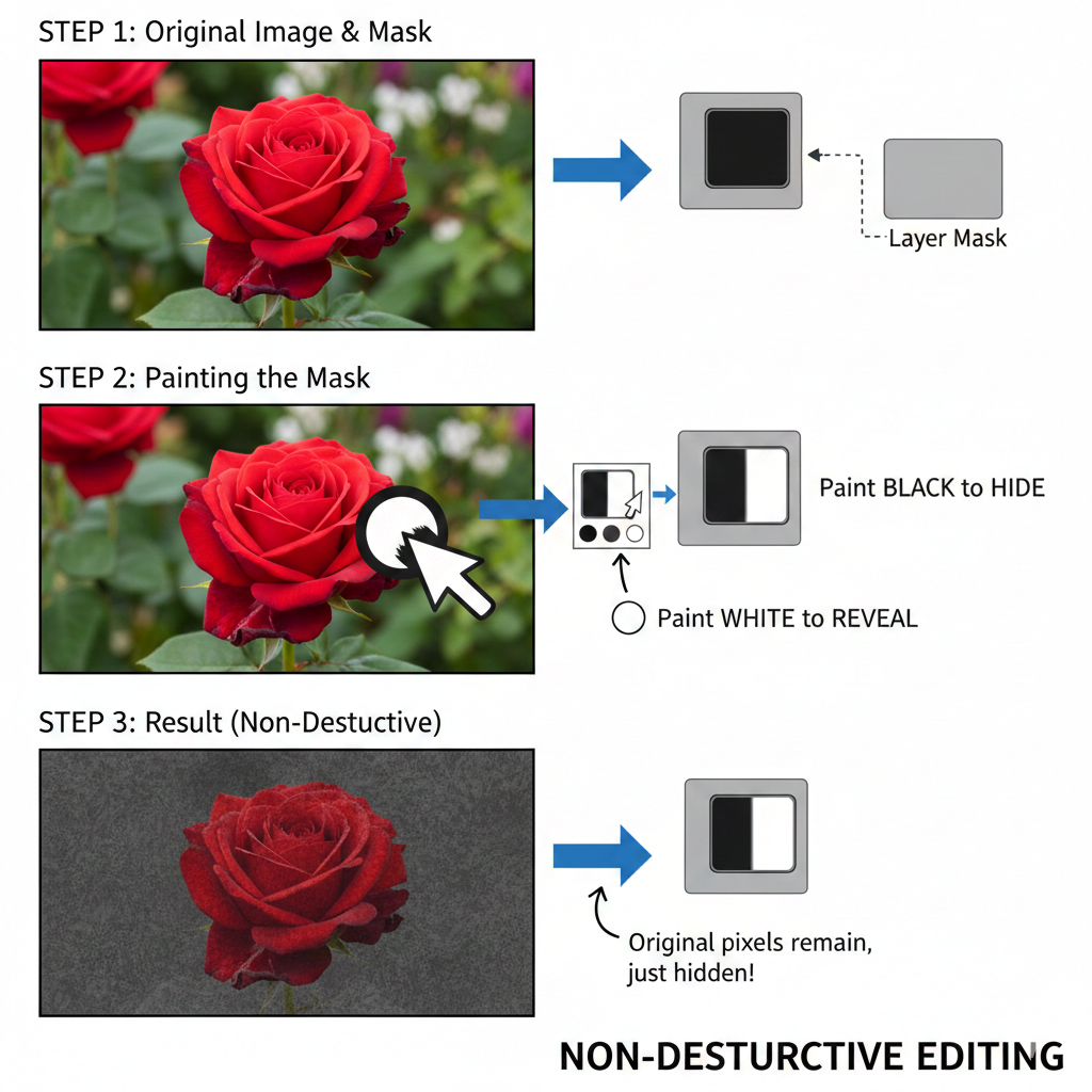 Layer mask application in GIMP for non-destructive background removal.