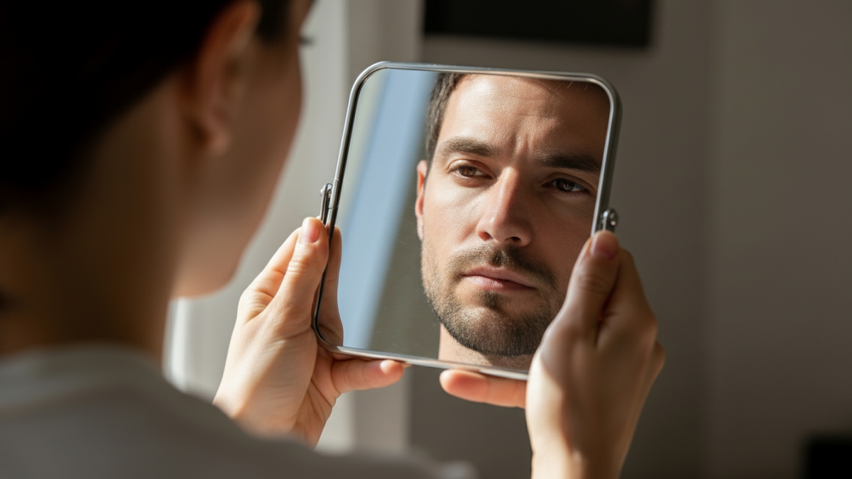 Person checking appearance in handheld mirror under natural light.