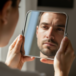Person checking appearance in handheld mirror under natural light.