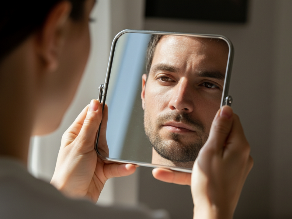 Person checking appearance in handheld mirror under natural light.