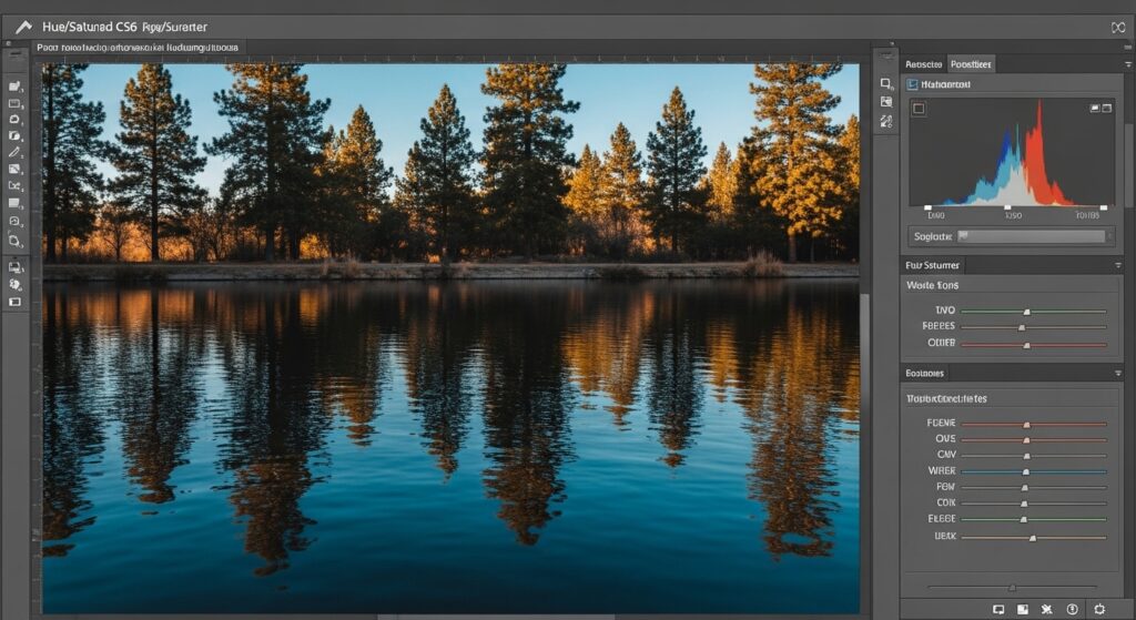 Photoshop CS6 HueSaturation adjustment for water reflection color toning