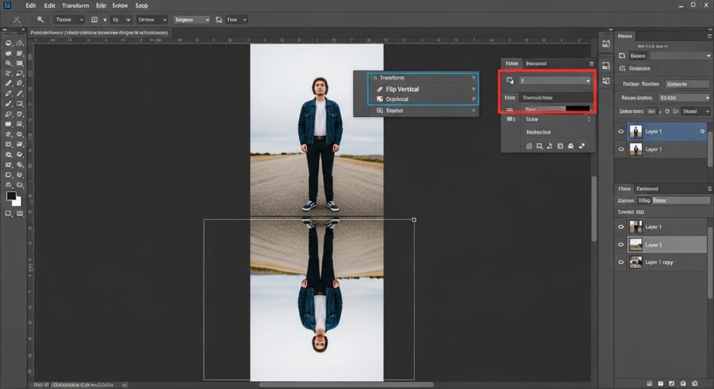 Photoshop CS6 screenshot of flipped image layer for water reflection base