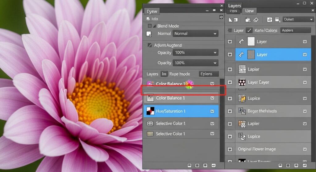 Photoshop Layers panel demonstrating adjustment for flower petal color change