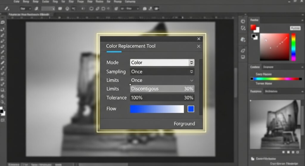 Photoshop Options Bar highlighting Color Replacement Tool settings for easy customization