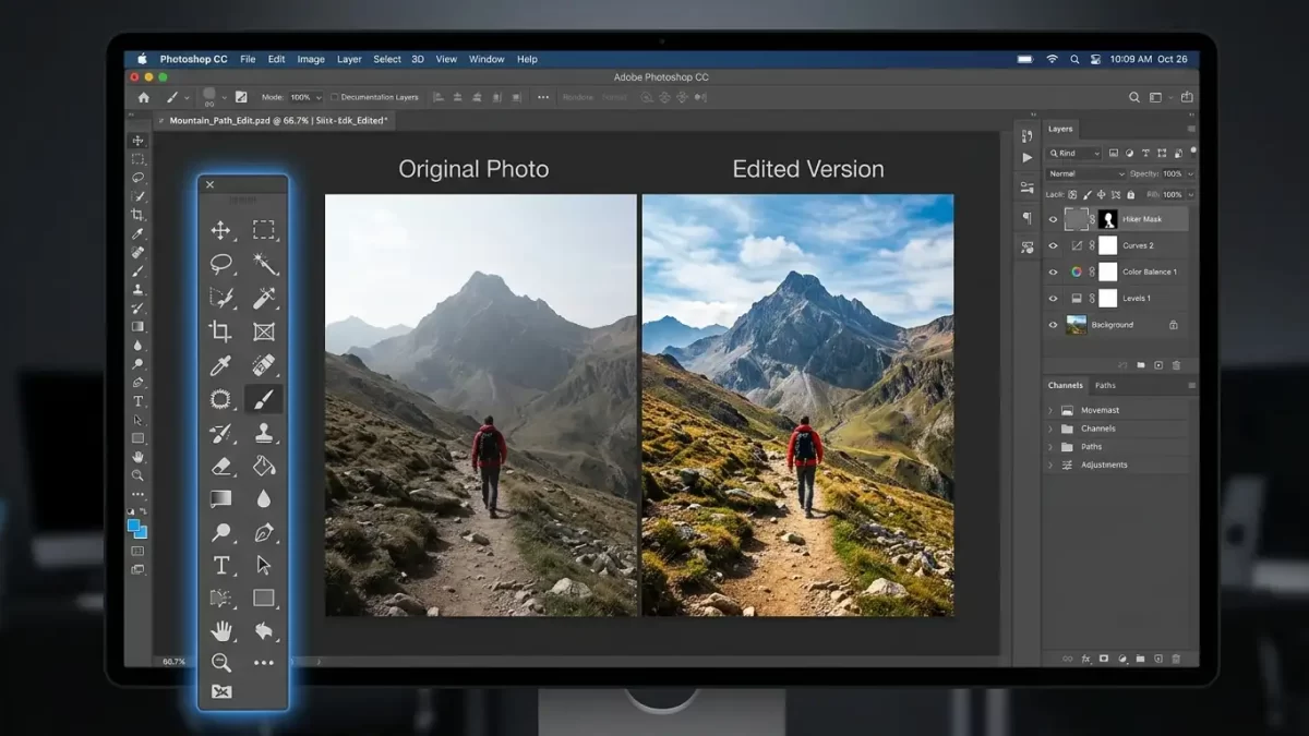 Photoshop toolbar floating over before and after photo edits with key tools highlighted
