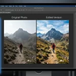 Photoshop toolbar floating over before and after photo edits with key tools highlighted