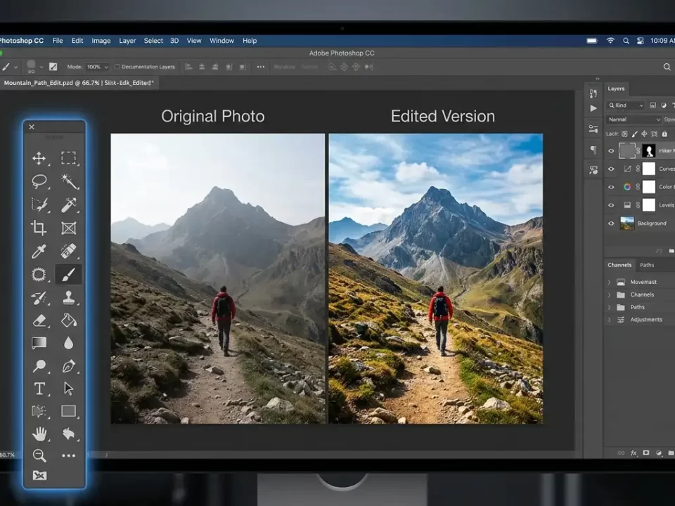 Photoshop toolbar floating over before and after photo edits with key tools highlighted