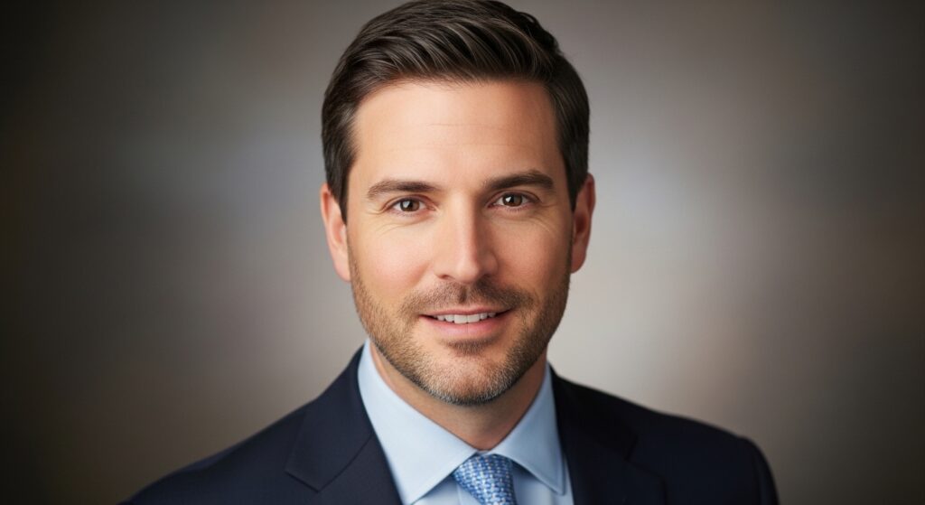 Polished male professional headshot example after editing.