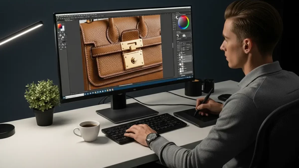 Professional photo retoucher working on high-quality product image editing