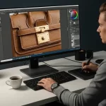 Professional photo retoucher working on high-quality product image editing