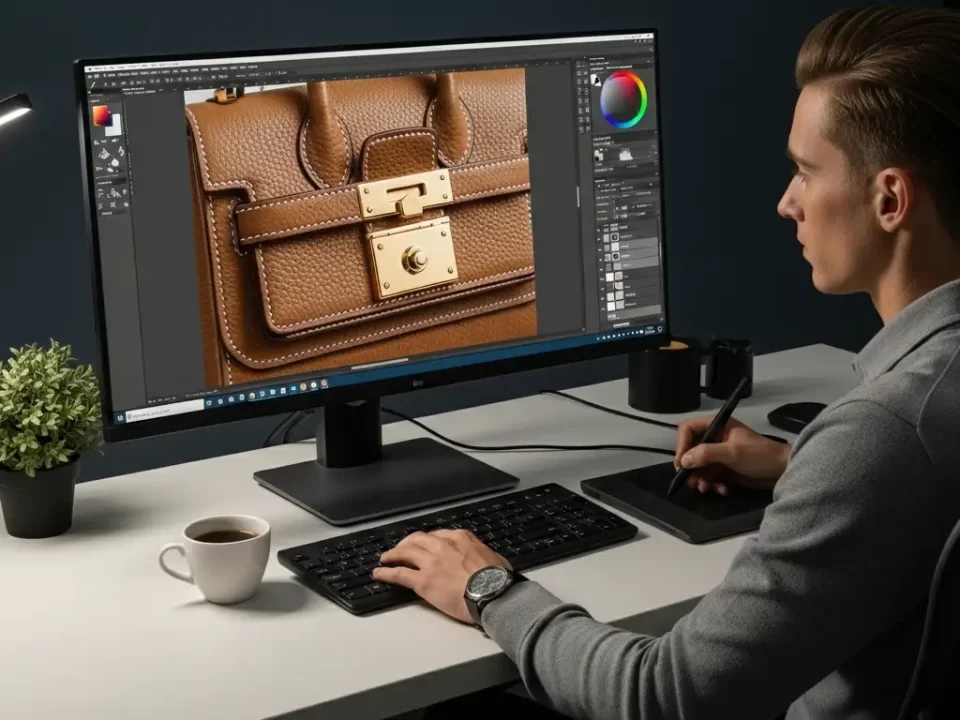 Professional photo retoucher working on high-quality product image editing