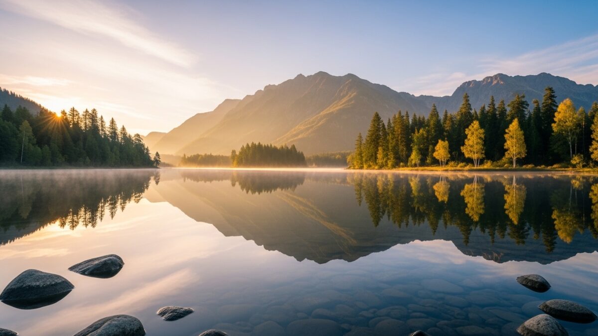 Serene lake landscape with natural water reflections at dawn
