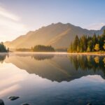 Serene lake landscape with natural water reflections at dawn