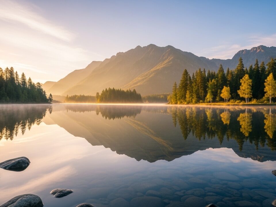 Serene lake landscape with natural water reflections at dawn