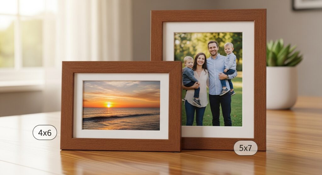 Side-by-side photo frames demonstrating 4x6 and 5x7 print sizes on a table.
