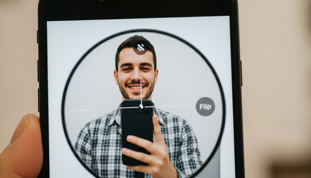 Smartphone showing selfie flipping feature for better self-perception.