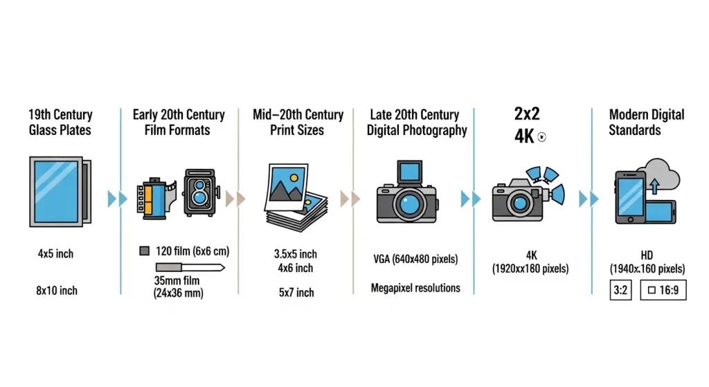 Timeline of photo size evolution from historical formats to contemporary standards