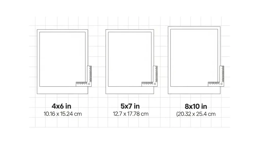 Visual comparison of popular photo sizes including 5×7 photo