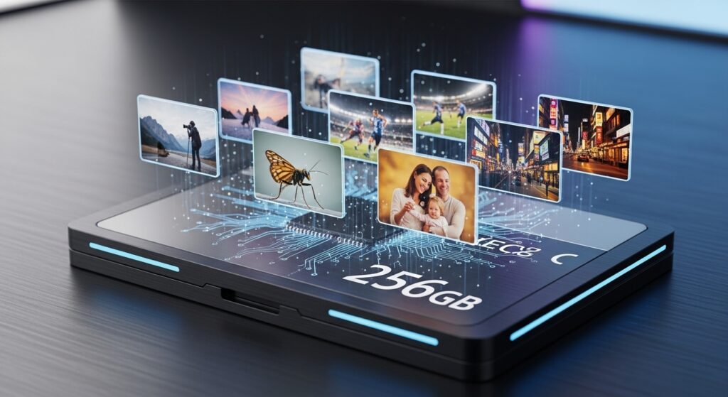 256GB memory card with holographic photo previews representing future storage trends for photographers.