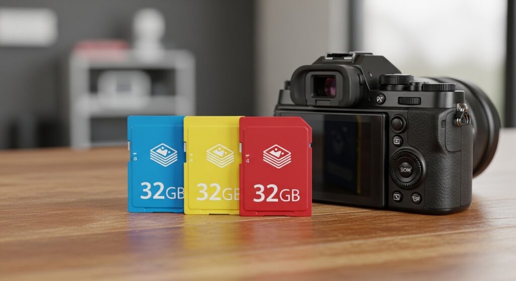 32GB memory cards displayed with visual photo storage representation for 2026 photographers.
