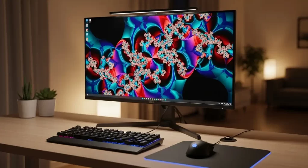 4K computer monitor showing detailed digital artwork in home office setup