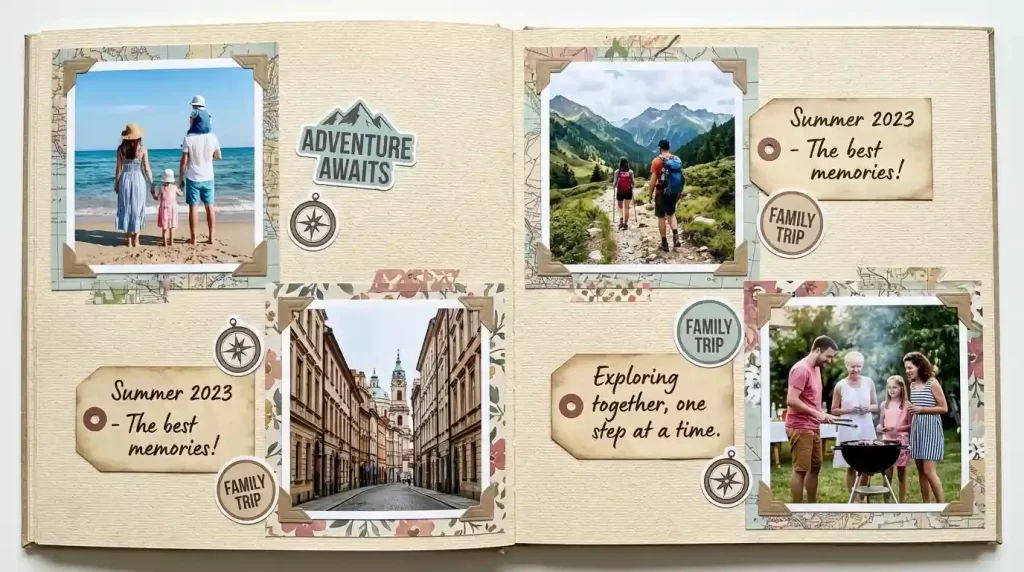 4x4 pictures creatively arranged in a detailed scrapbooking layout