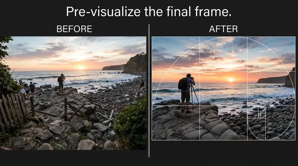 Aspect ratio photography tip: before and after showing how choosing 3:2 improves composition with rule of thirds