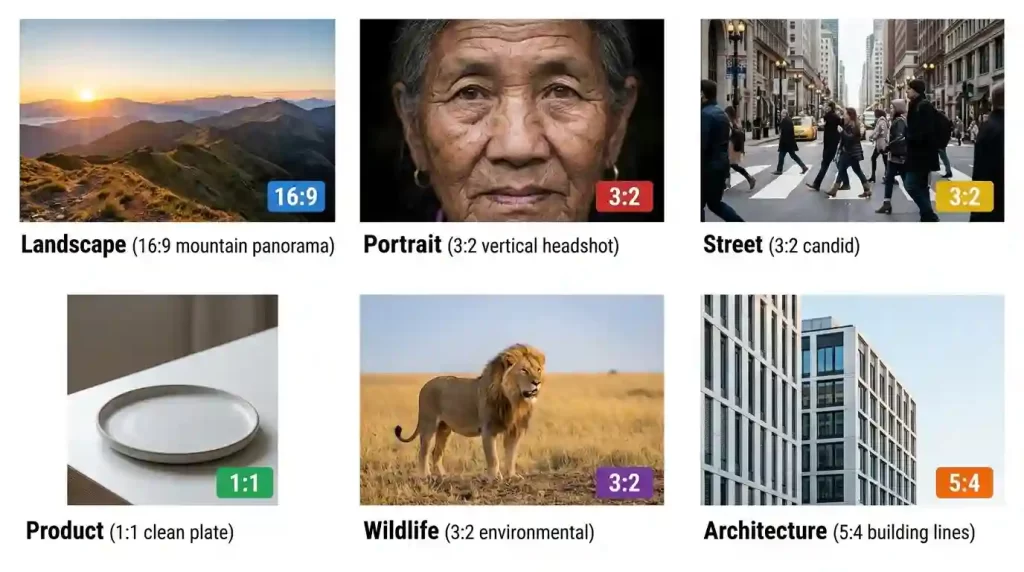 Aspect ratio recommendations by photography genre - landscape 16:9, portrait 3:2, street, product 1:1 and wildlife