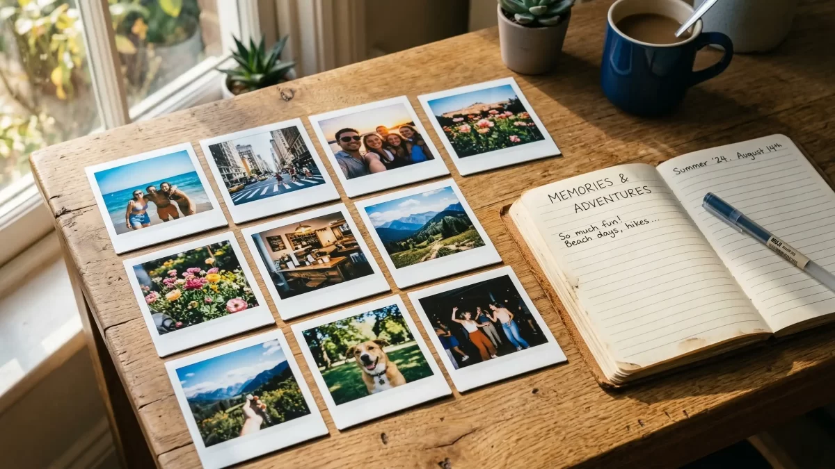 Assortment of printed Polaroid-style photos on wooden table