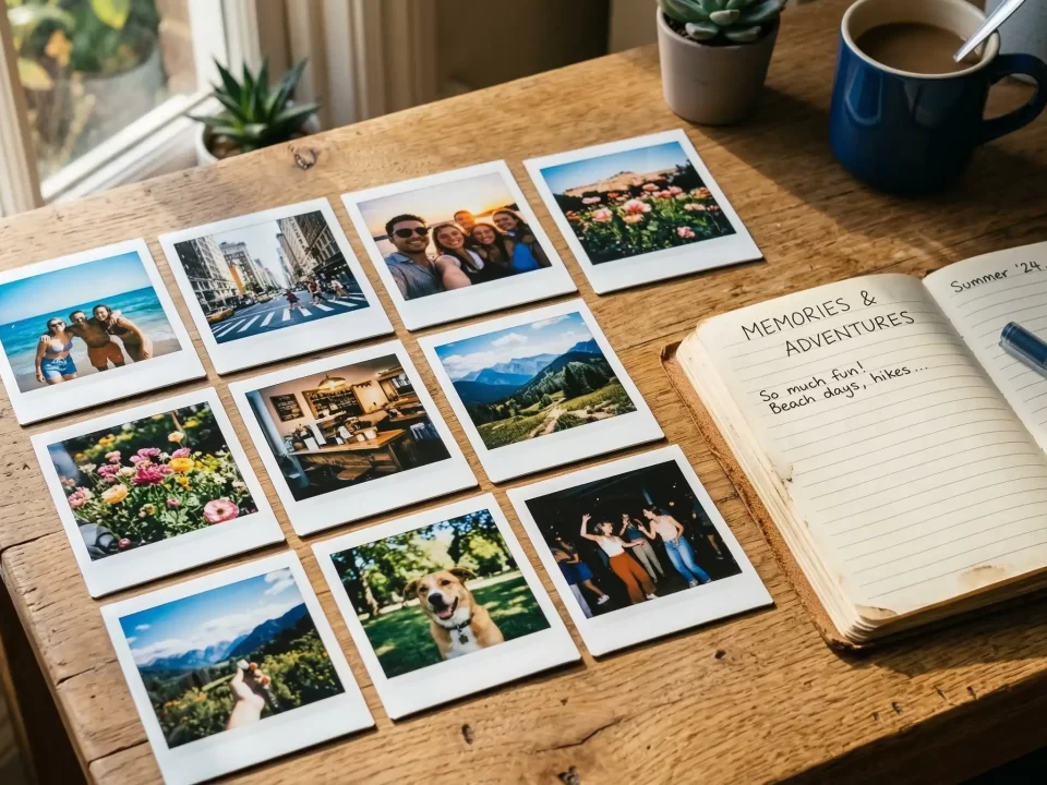Assortment of printed Polaroid-style photos on wooden table