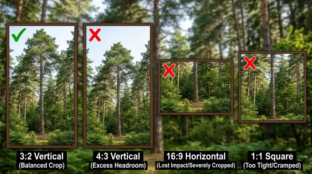 Best aspect ratio for vertical subjects in photography - same tall tree shown in 3:2, 4:3, 16:9 and 1:1