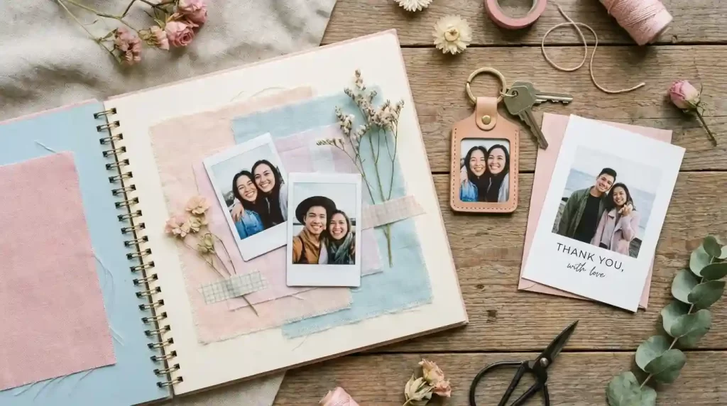 Creative applications of wallet size photos in scrapbooks, keychains and greeting cards