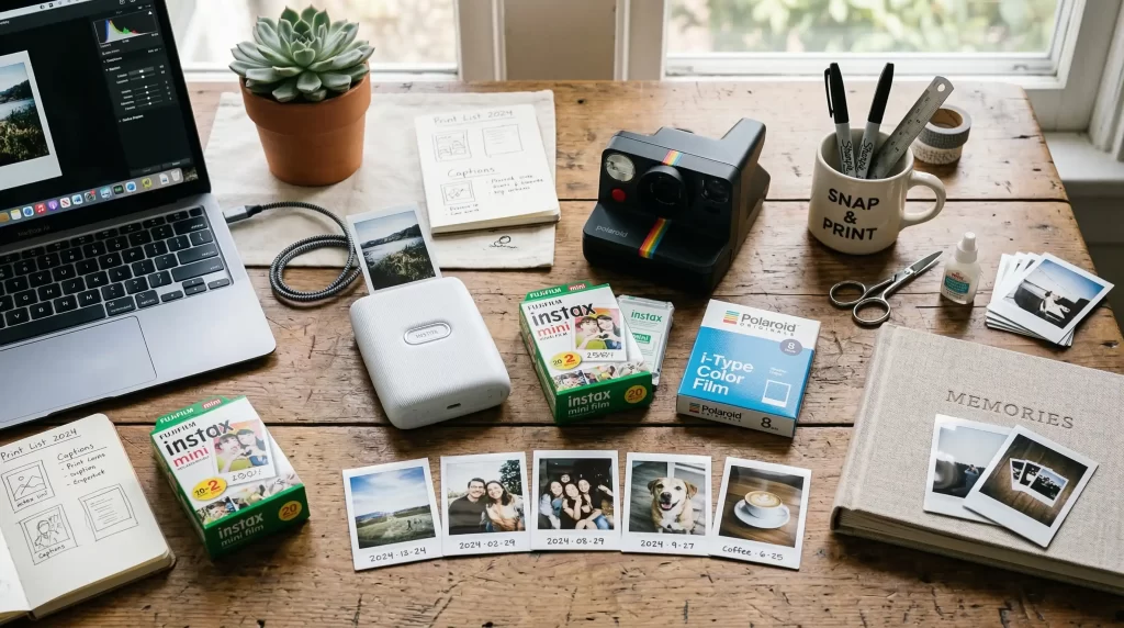 Essential supplies for printing Polaroid-style photos laid out on workspace
