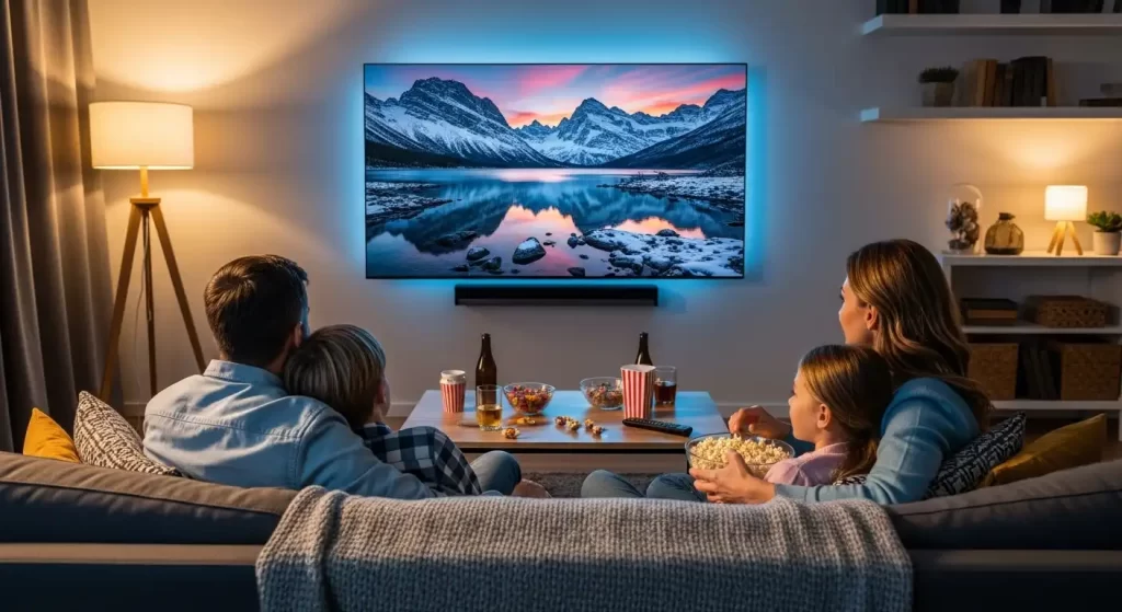 Family watching immersive 4K content on large TV during movie night