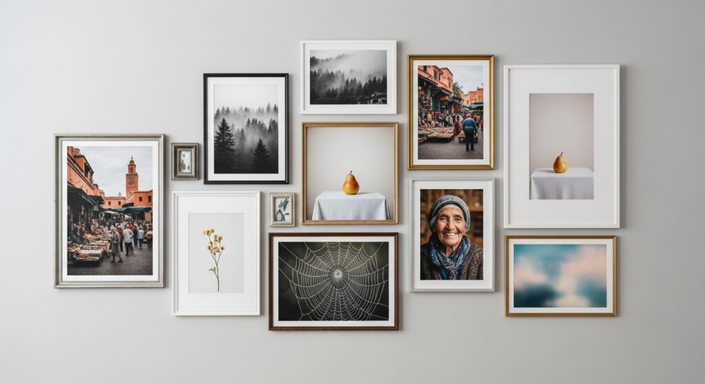 Gallery wall displaying framed 16x20 photos in assorted styles