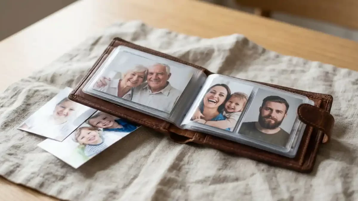 High-quality wallet size photos neatly displayed inside an open leather wallet with extras nearby