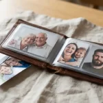 High-quality wallet size photos neatly displayed inside an open leather wallet with extras nearby